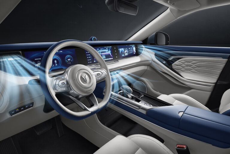 Interior of Voyah Free with climate control system directing airflow into the cabin.
