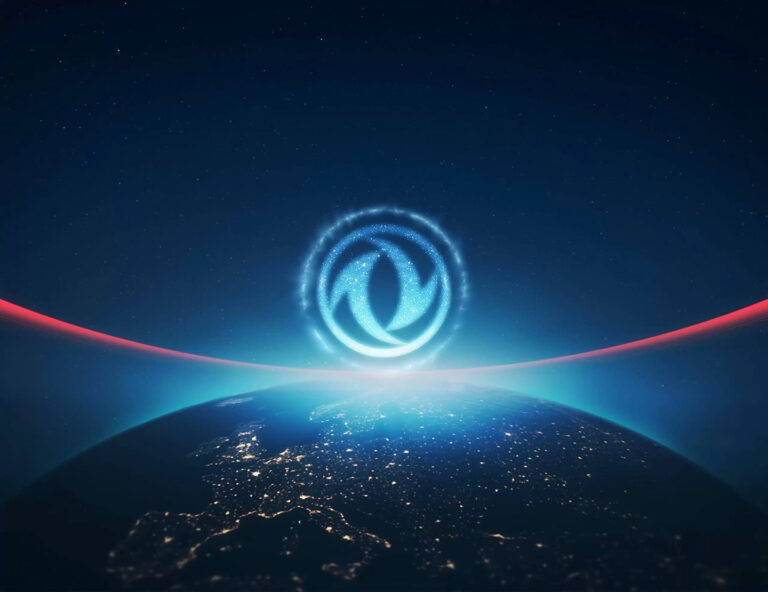 Glowing Dongfeng Motor logo symbolizing the brand's global presence