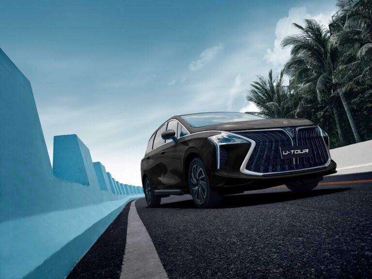 Forthing U-Tour on road surrounded by palm trees, front view from below